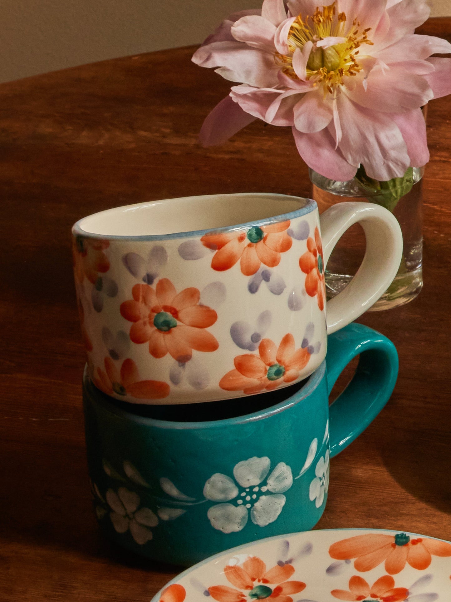 Ceramic Cappuccino Cup with Hand Painted Orange Flowers - 6.7 oz