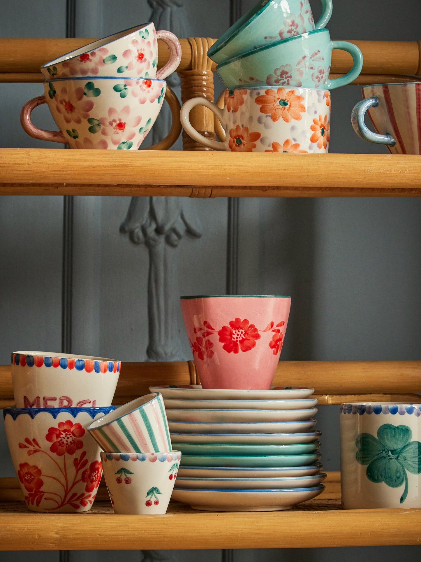 Ceramic Cappuccino Cup with Hand Painted Cherries - 6.7 oz