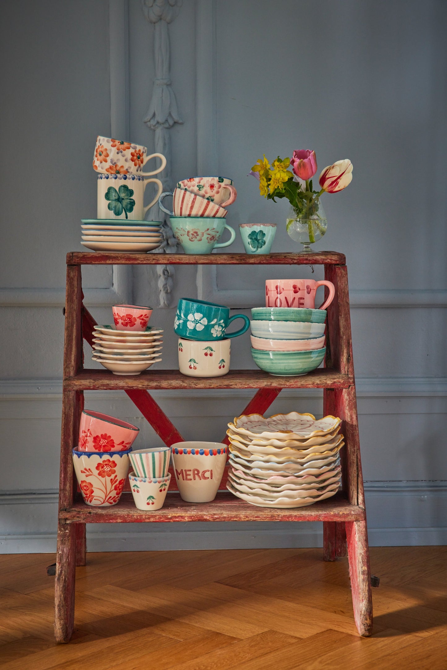 Ceramic Tea Cup with Hand Painted Stripes - 5.0 oz