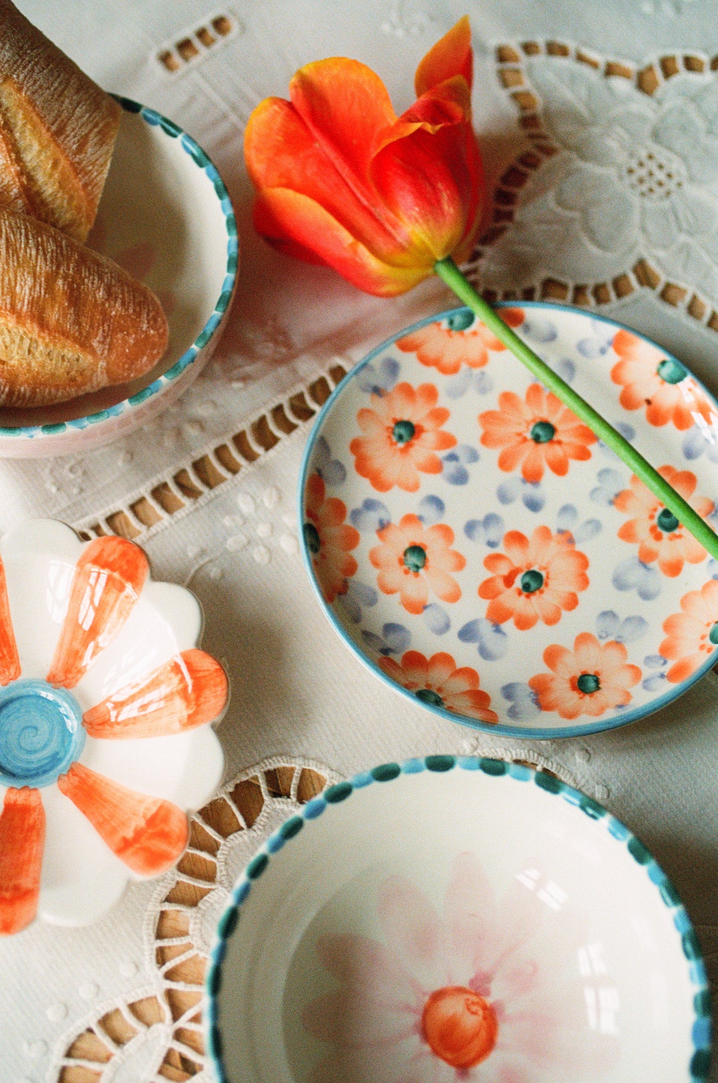 Ceramic Cake Plate with Hand Painted Orange Flowers