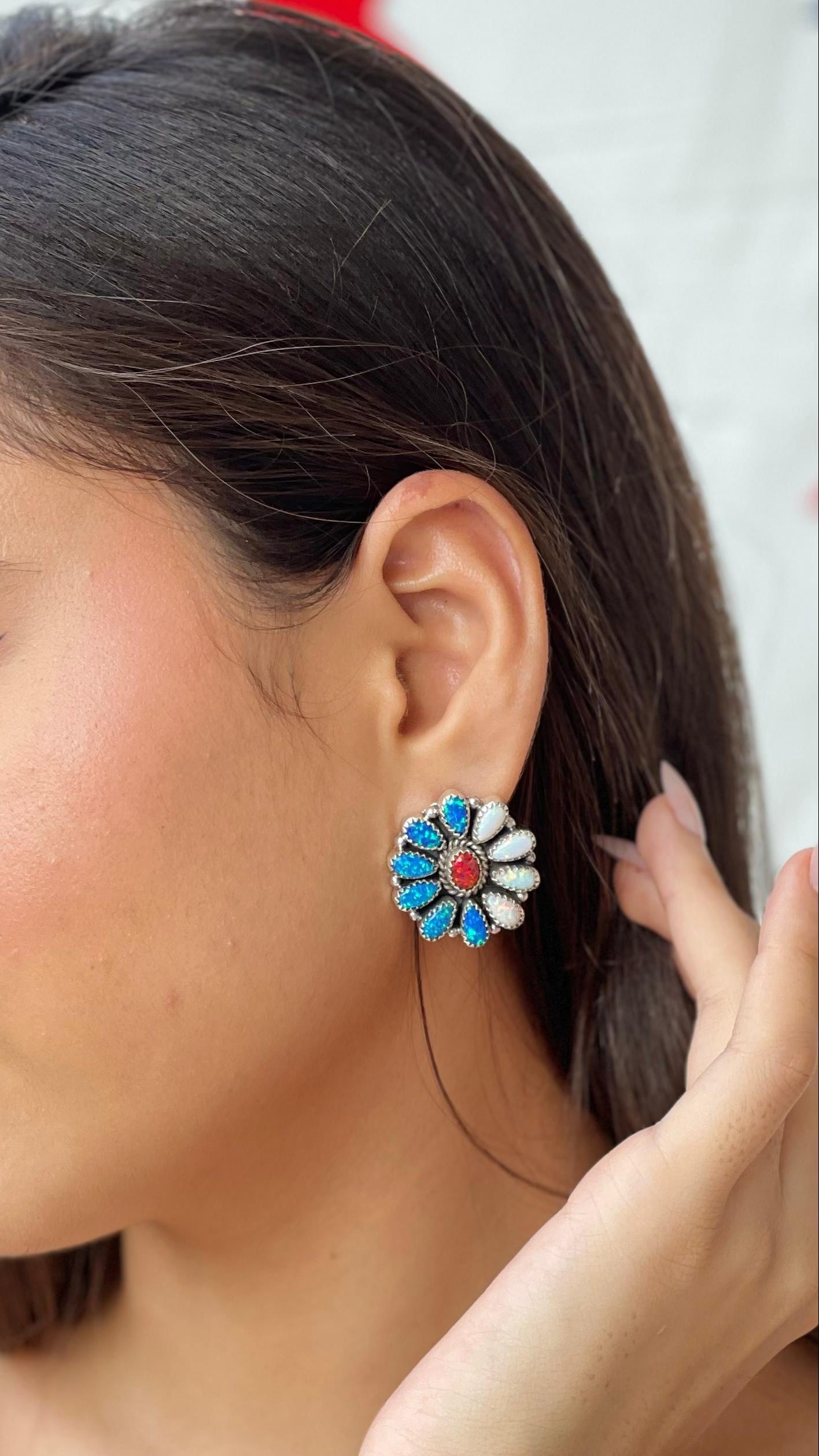 ** 4TH OF JULY ** Handmade Sterling Silver Synthetic Opal Post Earrings with Signed Nizhoni