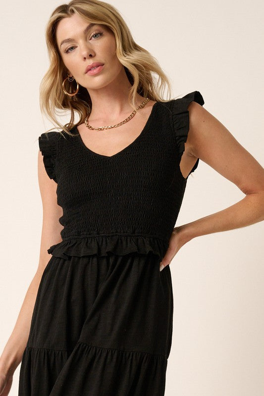 Smocked Ruffled Tiered Midi Dress – Feminine, Romantic, Flattering and Playful Design & Whimsical Style