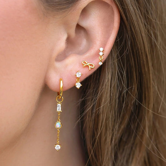 Zircon Ear Studs Earrings 4-piece Copper Plated Gold Simple