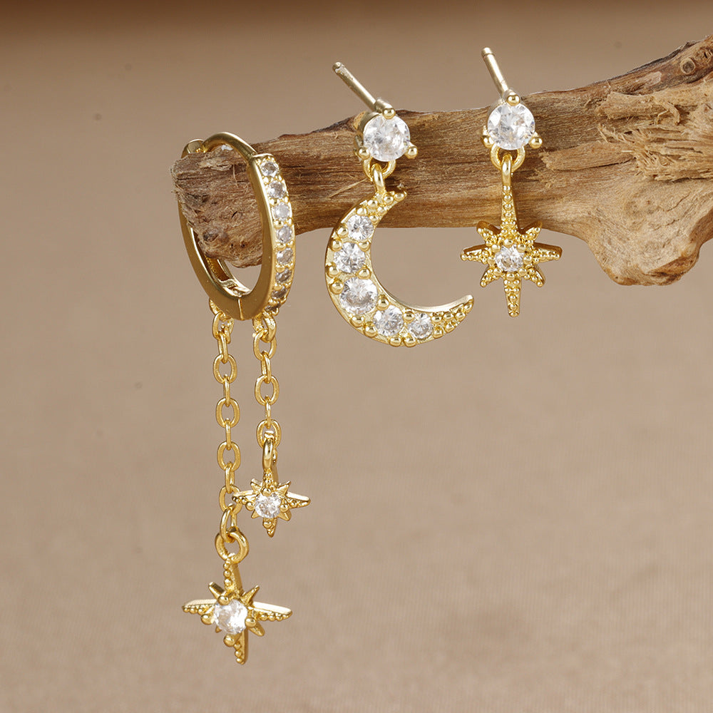 18K Real Gold Electroplated Zircon Moon Studs Three-piece Set