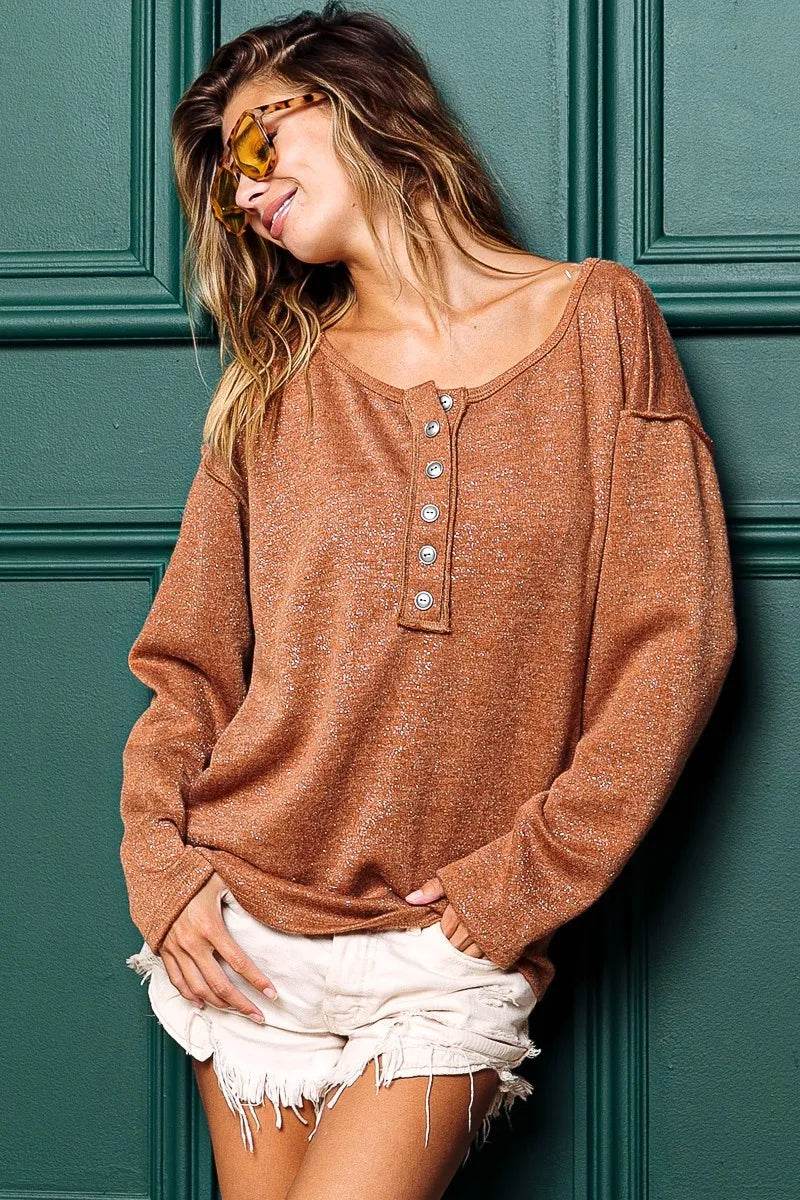 BiBi Mink Lurex Stitched Button Detail Top