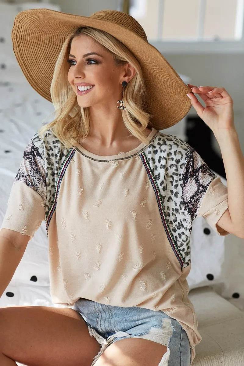 BiBi Distress Jacquard Knit with Leopard Snake Skin Top