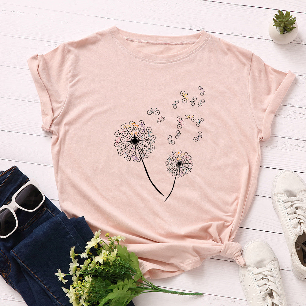 Women's Loose Dandelion Bike Round Neck Short Sleeve T-shirt