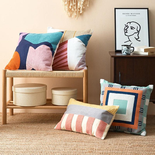 Abstract Geometric Pillow Cover Polyester Cotton Cushion Cover Soft Cozy Home Decoration For Living Room Kids Room Color Block Square Embroidered Decorative Cushion Covers for Sofa Couch 45x45cm/30x50cm