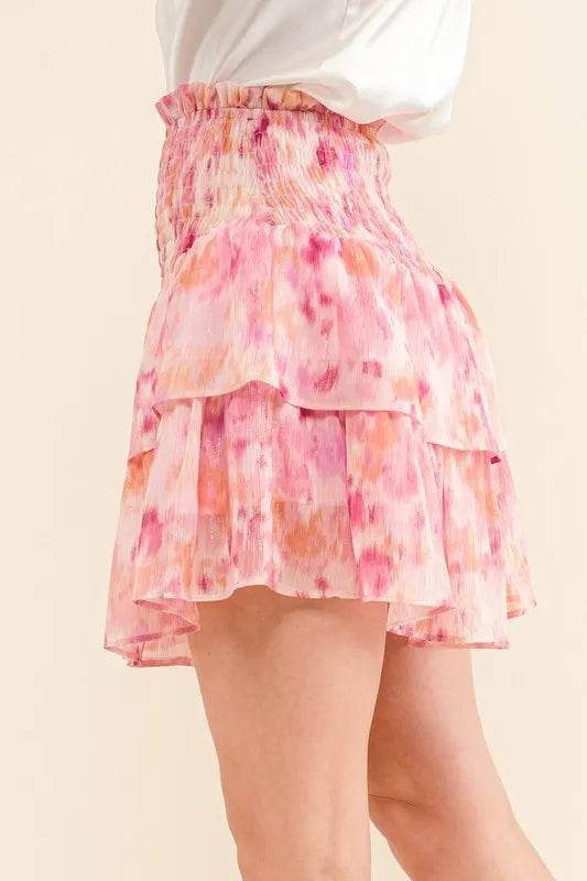 And The Why Printed Lurex Smocked Waist Tiered Skort