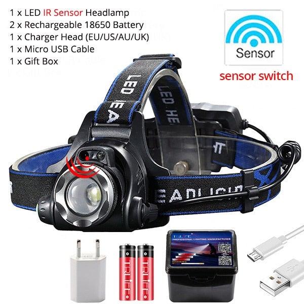 Adjustable USB Rechargeable IR Sensor Super Bright Headlight Battery For Long Working Time LED Headlamp Fishing  Waterproof Head Light Lamp Perfect For Running  Camping