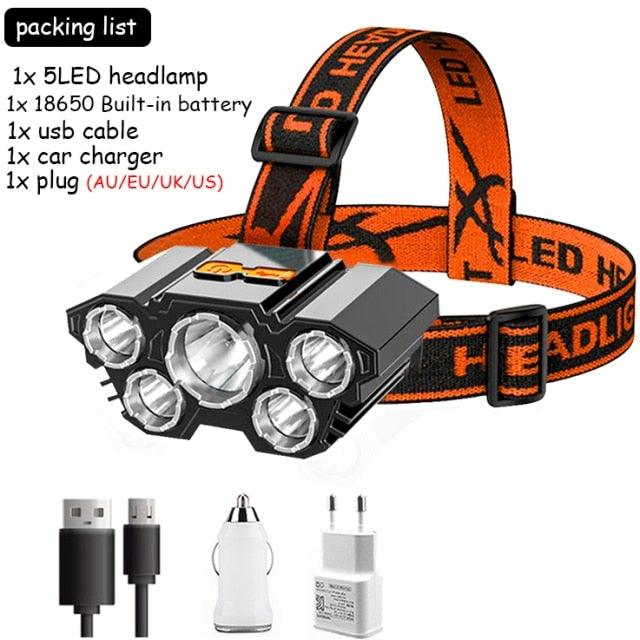 Adjustable USB Rechargeable Torch Lamp Built-in Battery 5 Led Strong Headlight Waterproof  Rechargeable Super Bright Head-Mounted Flashlight For Outdoor Night Camping