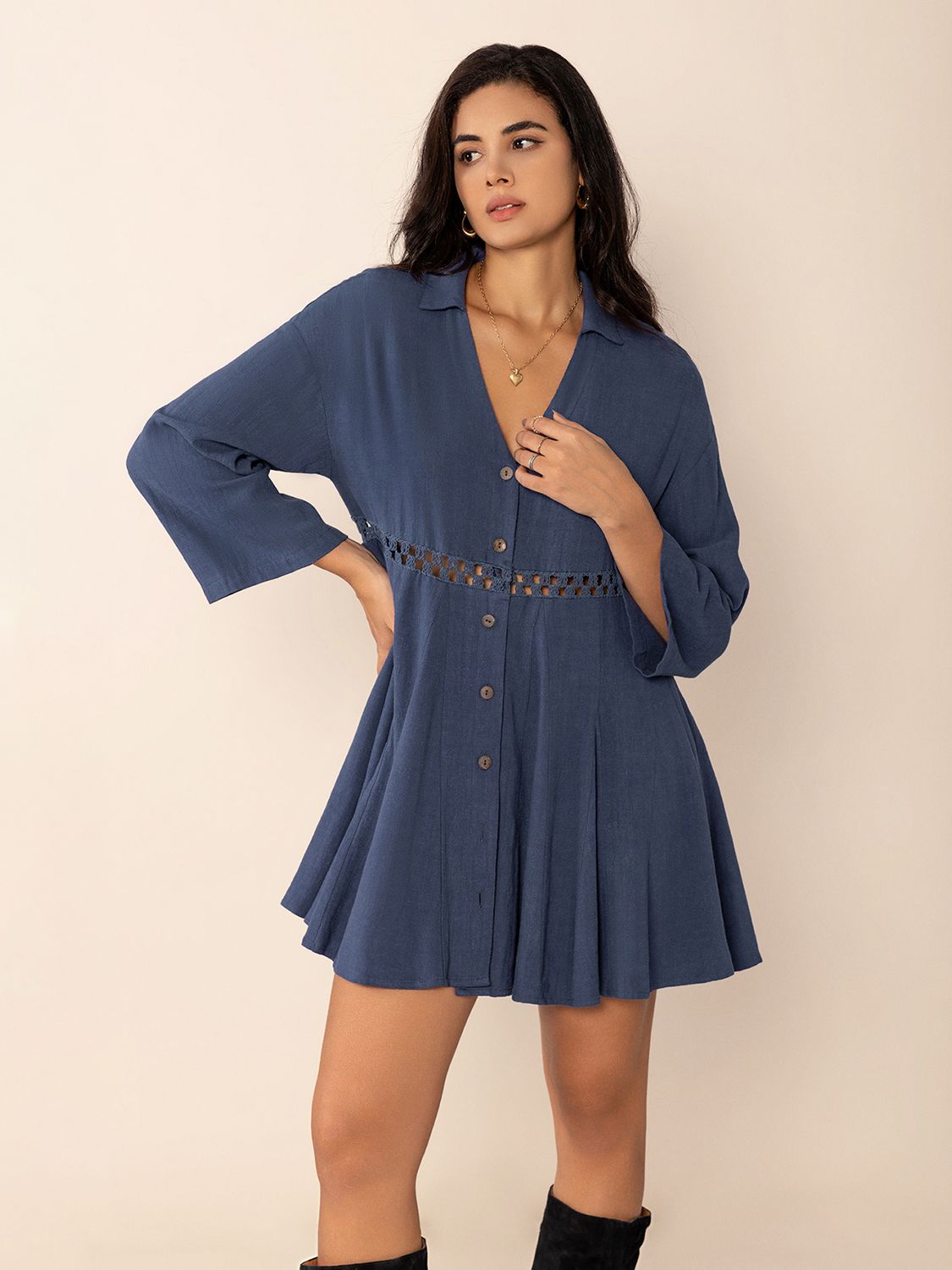 Dusty Blue Long Sleeve Mini Dress Elegant Cutout & Buttoned Design Lightweight Women Dress