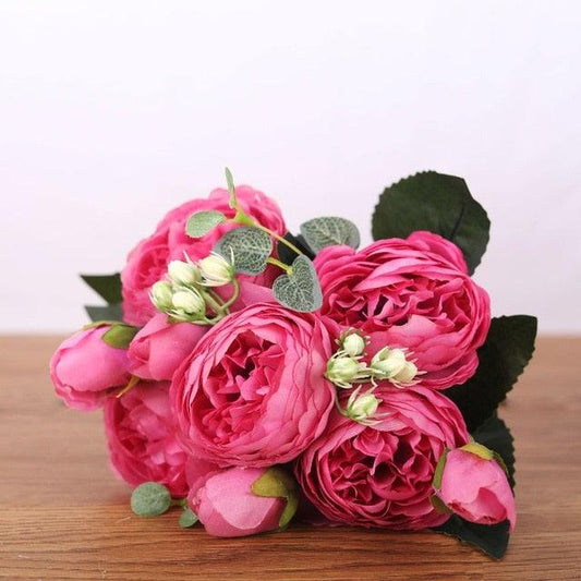 Artificial Peony Vintage Silk Flowers 30cm Rose Pink Silk Bouquet 5 Big Heads 4 Small Bud Bride Wedding Home Decoration Fake Flowers Vintage Artificial Peony Silk Flowers Bouquet for Decoration