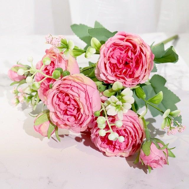 Artificial Rose Flowers Bouquet Pink And White Silk Peony Rose For Home Bridal Wedding Party Festival Decor