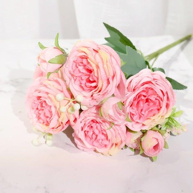 Artificial Rose Flowers Bouquet Pink And White Silk Peony Rose For Home Bridal Wedding Party Festival Decor