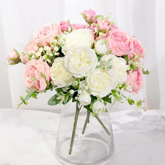 Artificial Rose Flowers Bouquet Pink And White Silk Peony Rose For Home Bridal Wedding Party Festival Decor