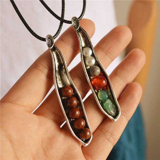 Women's Vintage Ethnic Antique Silver Distressed Pod Long Necklace