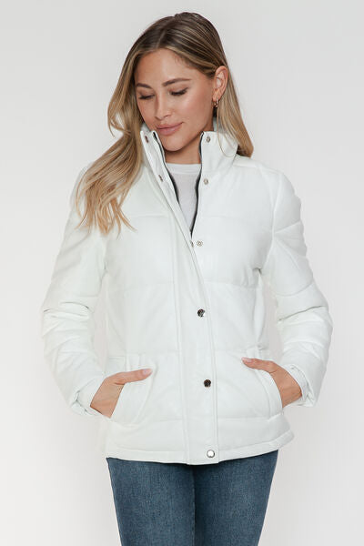 Women White Pocketed Zip Up Turtleneck Puffer Autumn Jacket Warm & Stylish Winter Outerwear