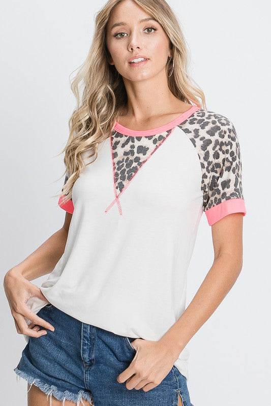 HeimishFull Size Leopard Round Neck Short Sleeve T-Shirt with Stitch Plus Size
