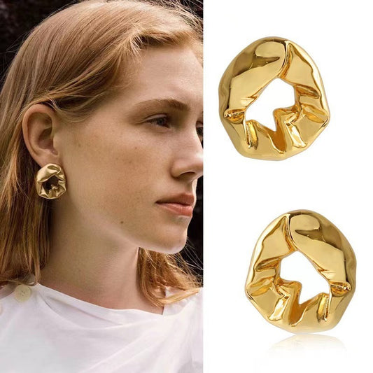 18K Gold Balloon Fold Irregular Texture Simple Earrings