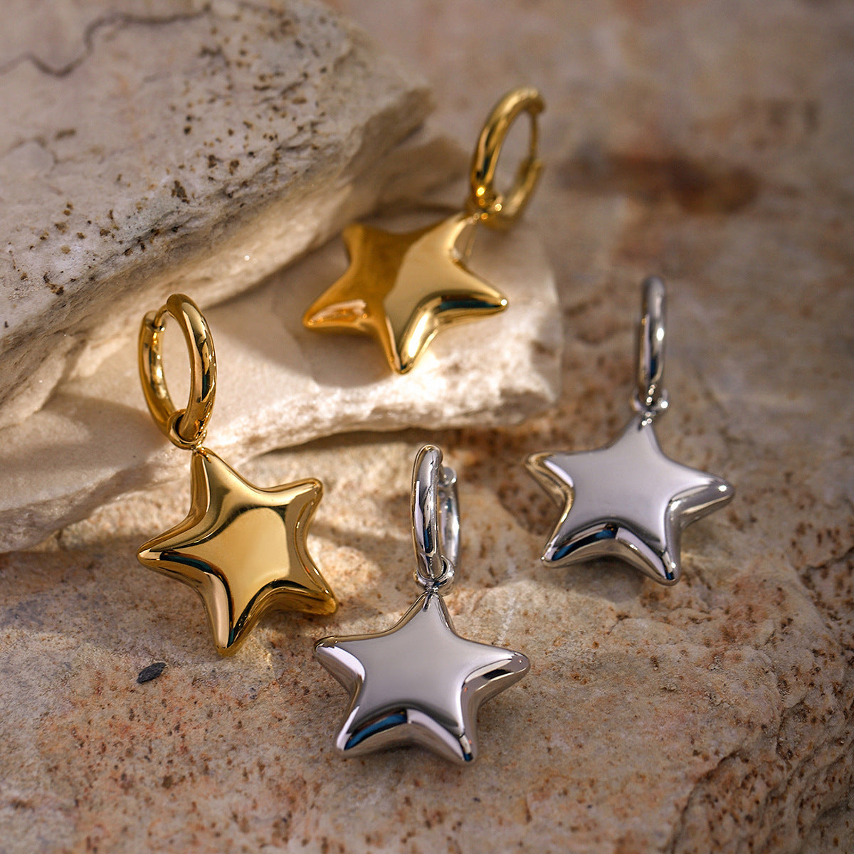 Fashion Jewelry 16K Gold Stainless Steel Gold Glossy Three-dimensional Pentagram Earrings