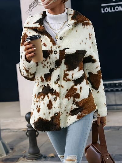 Trendy Black White Cozy Cow Print Collared Neck Button Up Fuzzy Jacket Modern & Warm Outerwear