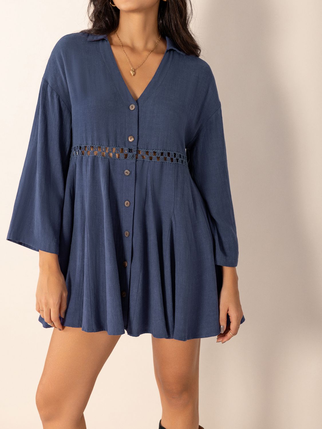 Dusty Blue Long Sleeve Mini Dress Elegant Cutout & Buttoned Design Lightweight Women Dress