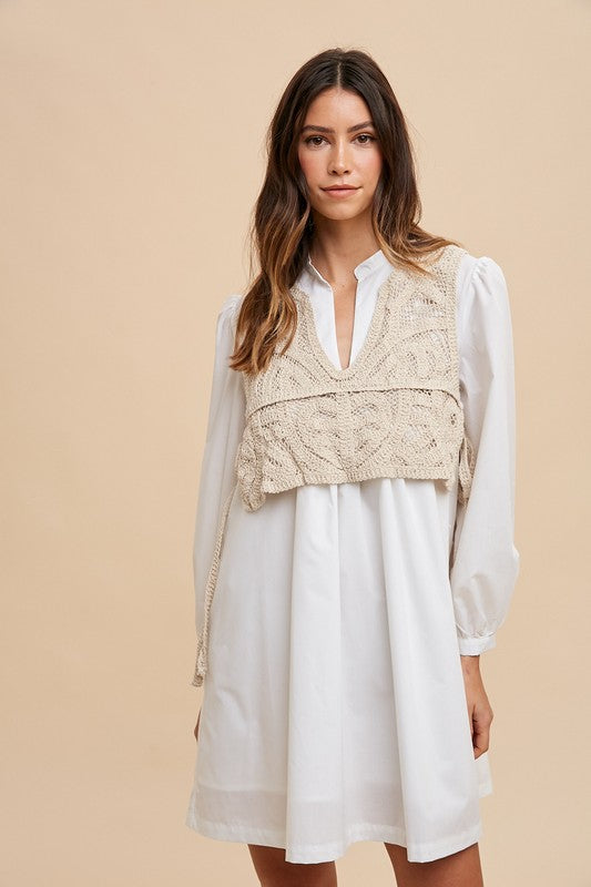 White Crochet Vest Long Sleeve Shirt Dress Vintage Dress For Women Unique Retro Girls Dress