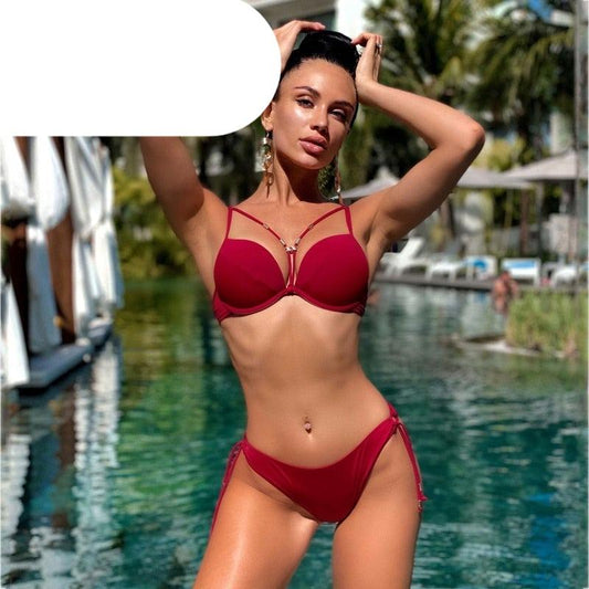 Bandage Push Up Bikini Set Solid Swimwear Women Bikini Sets Push Up Halter Swimsuits 2 Piece Underwired Bathing Suits for Ladies Summer Two Piece Swimsuit Beach Bathing Suit