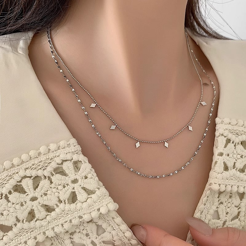 French Exquisite Double Layer Twin Diamond-shaped Sequins Titanium Steel Necklace