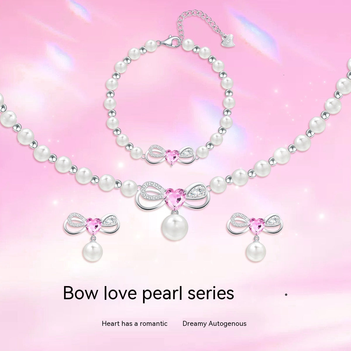 Bow Heart Shell Pearls Necklace Women's Sterling Silver