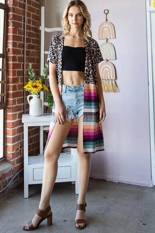 Heimish Full Size Animal Leopard and Stripe Open Cardigan Plus Size