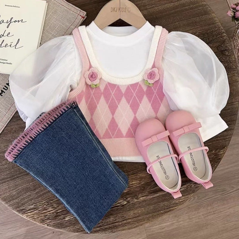 Girls' Doll Shirt Autumn New Knitted Vest Autumn Three-piece Suit