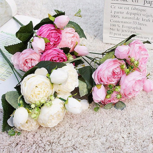 Beautiful Rose Peony Artificial Silk Eucalyptus Fake Flowers Small bouquet Flores Home Party Spring Wedding Decoration Artificial Silk Rose Flower Bouquet Lifelike Fake Rose for Wedding Home Party Decoration Event Gift