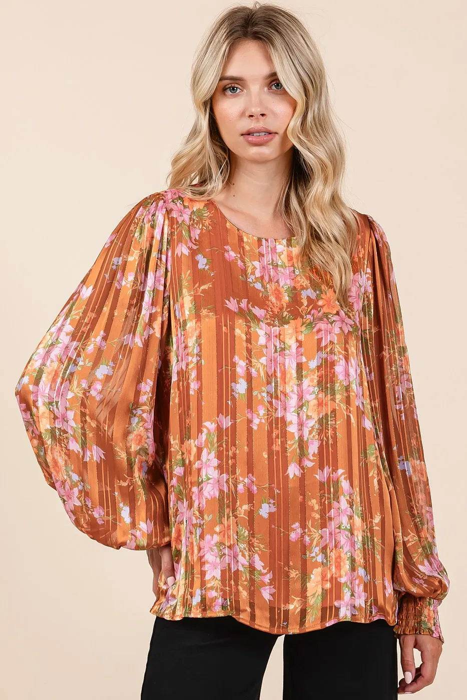 Mittoshop Satin Gold Lurex Striped Long Sleeve Chiffon Top