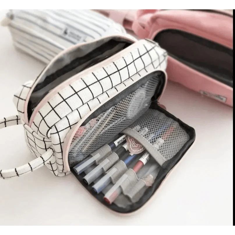 Big Storage Large Capacity Pencil Case Kids Pencil Bag For Students Vintage Grid Print Fabric Stationary Bag School Supply