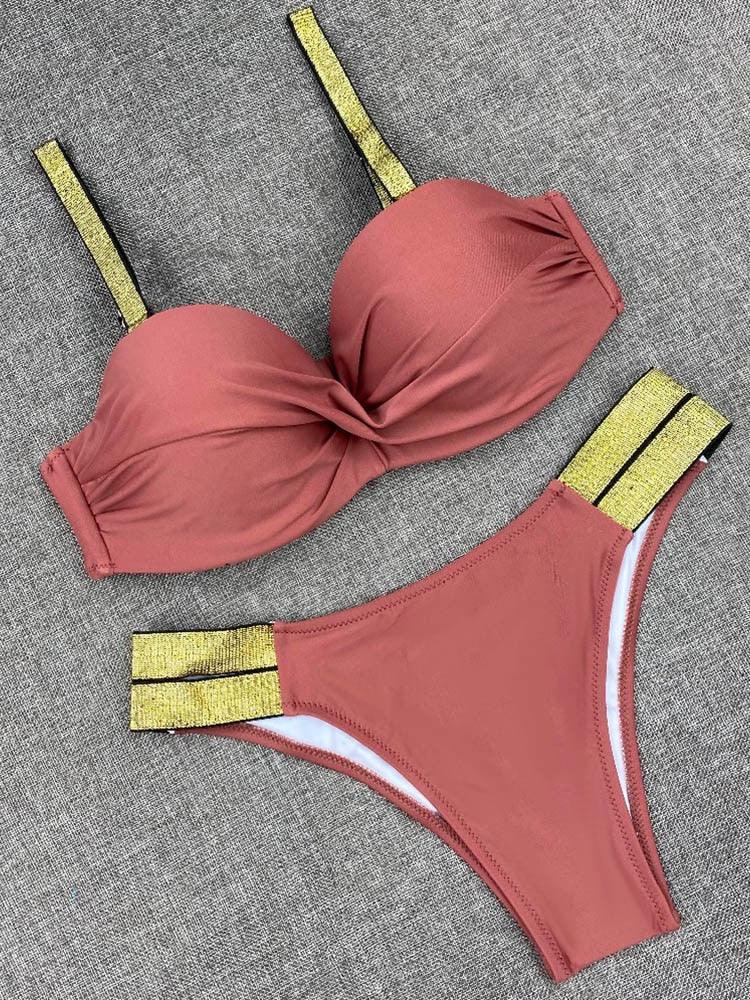 Bikini Sets Solid Color Swimsuit  Mid-Waist  Gather Cup Bikinis Women Swimwear Female Bathing Suits Beach wear  Two Piece Swimsuits Triangle Bikini swimsuits for Women