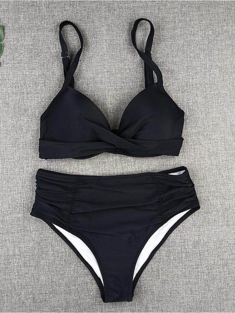 Bikini Sets Solid Color Swimsuit  Mid-Waist  Gather Cup Bikinis Women Swimwear Female Bathing Suits Beach wear  Two Piece Swimsuits Triangle Bikini swimsuits for Women