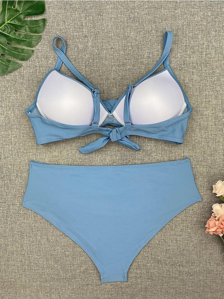 Bikini Sets Solid Color Swimsuit  Mid-Waist  Gather Cup Bikinis Women Swimwear Female Bathing Suits Beach wear  Two Piece Swimsuits Triangle Bikini swimsuits for Women