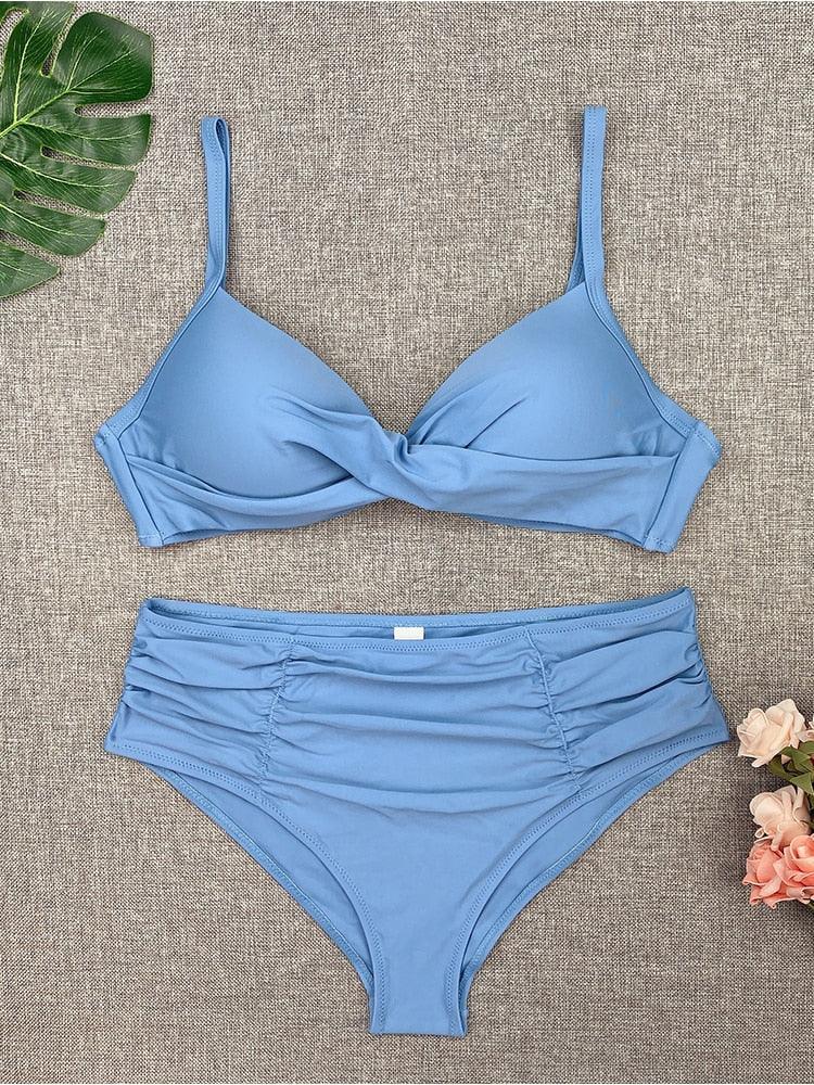 Bikini Sets Solid Color Swimsuit  Mid-Waist  Gather Cup Bikinis Women Swimwear Female Bathing Suits Beach wear  Two Piece Swimsuits Triangle Bikini swimsuits for Women