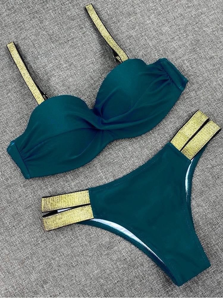 Bikini Sets Solid Color Swimsuit  Mid-Waist  Gather Cup Bikinis Women Swimwear Female Bathing Suits Beach wear  Two Piece Swimsuits Triangle Bikini swimsuits for Women