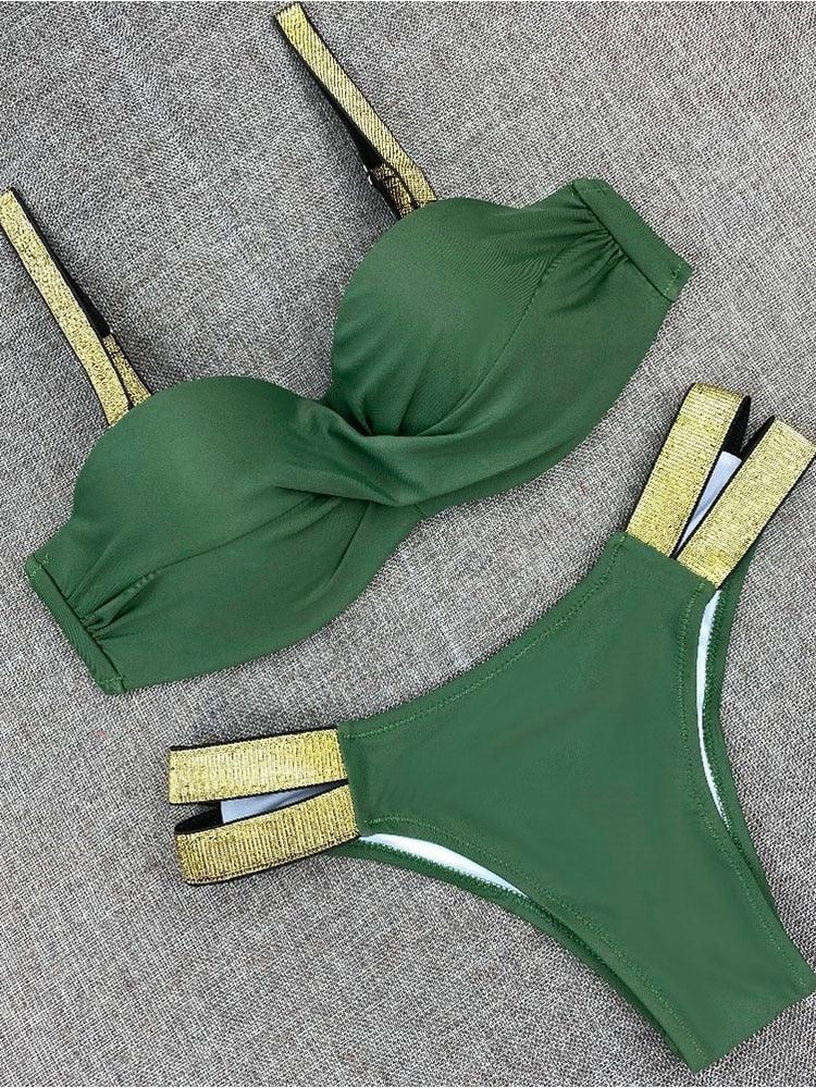 Bikini Sets Solid Color Swimsuit  Mid-Waist  Gather Cup Bikinis Women Swimwear Female Bathing Suits Beach wear  Two Piece Swimsuits Triangle Bikini swimsuits for Women