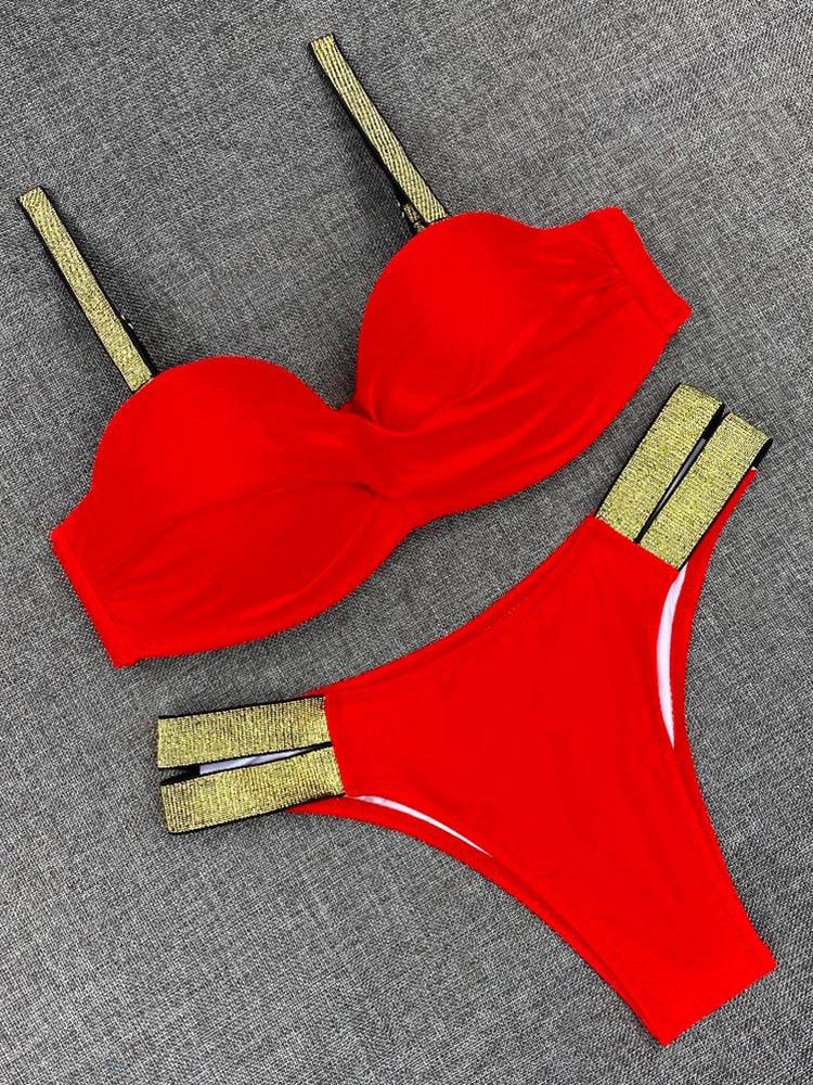 Bikini Sets Solid Color Swimsuit  Mid-Waist  Gather Cup Bikinis Women Swimwear Female Bathing Suits Beach wear  Two Piece Swimsuits Triangle Bikini swimsuits for Women