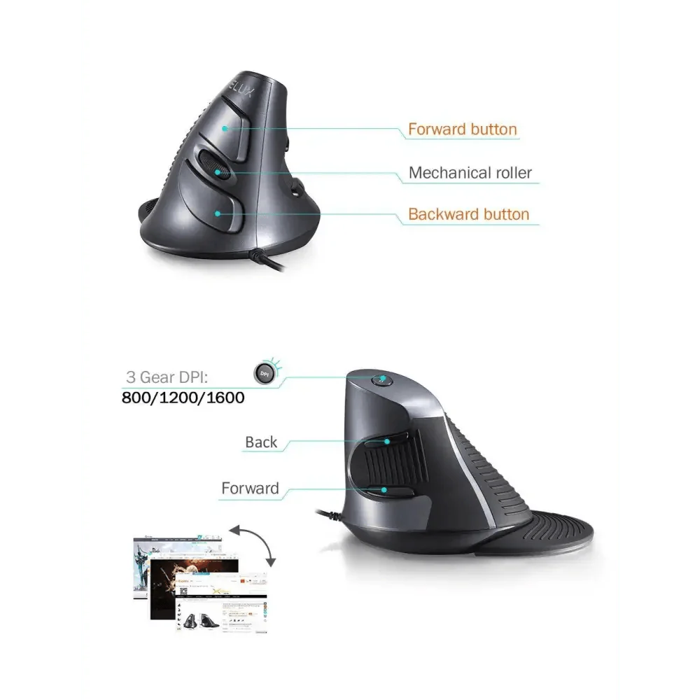 Black Ergonomic Design Vertical Mouse Adjustable DPI Optical Right Hand Mouse Reduce Wrist Pain 6 Buttons Modern Mouse For Computers Laptops PC