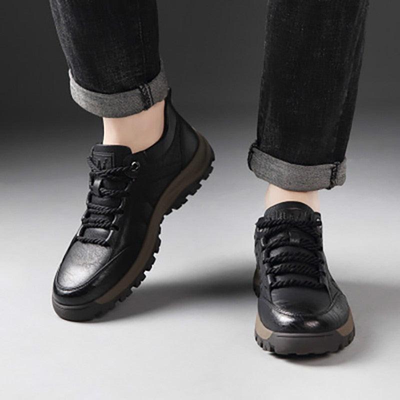Business Black Leather Mens Casual Shoes Spring Lace-up Platform Travel Shoes Wear-Resistant Shoes Elegant Style Men's Shoes Flat Round Toe Fashion Dress Shoes For Men