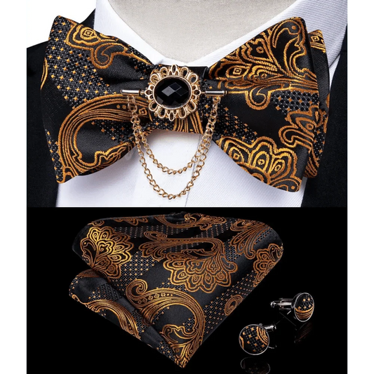 Business Elegant Gold Black Pattern Elegant Wedding Silk Bowtie Men Butterfly Fashion Bow Ties Pocket Square Classic Business Tuxedo Wedding Bowties Handkerchief Set
