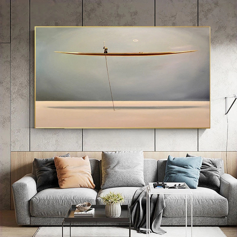 Abstract Golden Sea Boat Canvas Painting