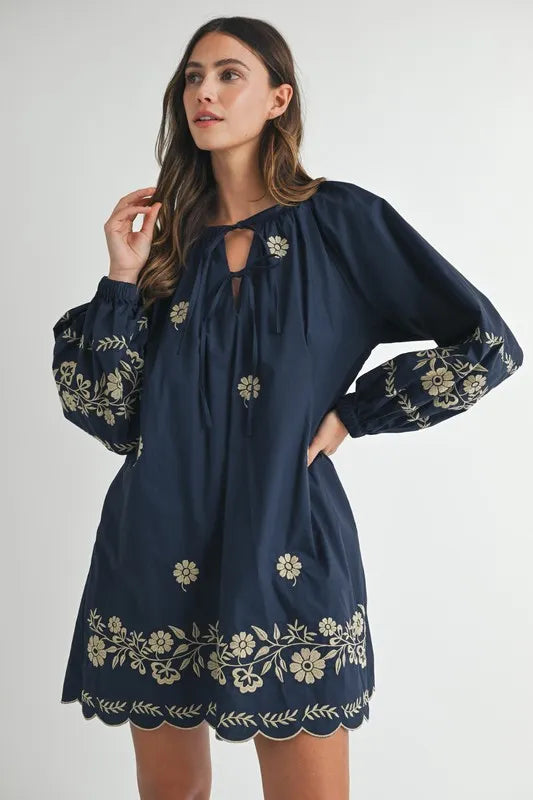 Embroidered Long Sleeve Peasant Mini Dress For Women – Embroidered Mini Dress, Long Sleeve Peasant Dress, Bohemian Dress, Casual Peasant Dress, Timeless Elegance Dress