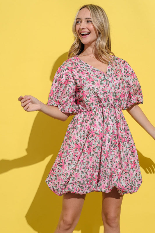 Full Size Floral Surplice Puff Sleeve Dress – Feminine Floral Dress, Surplice Neckline Dress, Puff Sleeve Dress, Elegant Floral Dress, Romantic Party Dress, Charming Floral Dress, Versatile Dress for Every Occasion