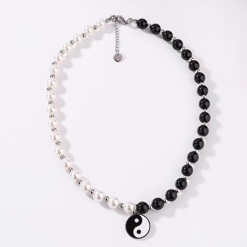 Yin Yang Tai Chi Gossip Pendant Necklace Black And White String Of Pearls